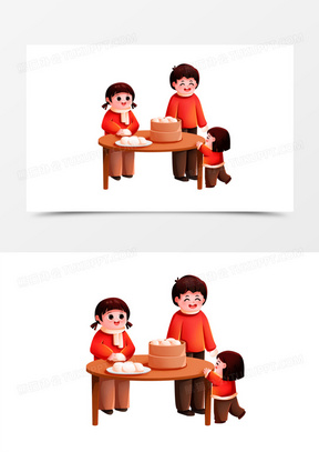 手绘免抠插画一家人一起蒸馒头吃早餐素材