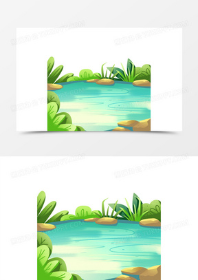 手绘卡通插画风草丛湖泊素材