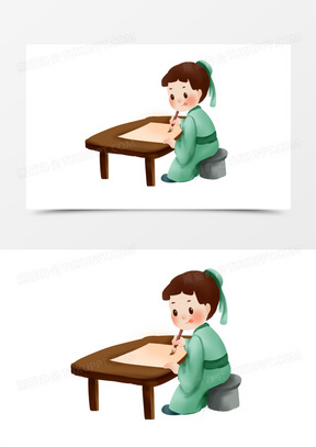 手绘古代书童练字免抠素材