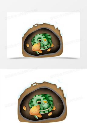 卡通手绘在洞里冬眠的绿色小蛇素材