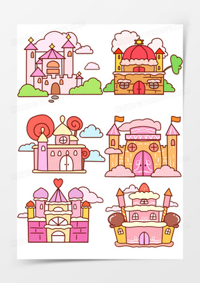 一组手绘简笔画风格梦幻城堡合集元素