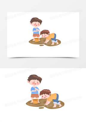 手绘卡通男孩捉泥鳅素材