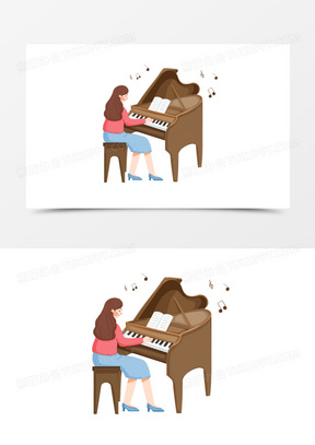 卡通手绘免抠弹钢琴的女孩素材