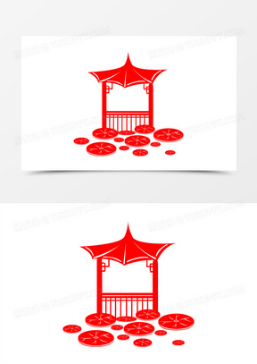 一组红色剪纸中国风景观套图装饰之凉亭素材