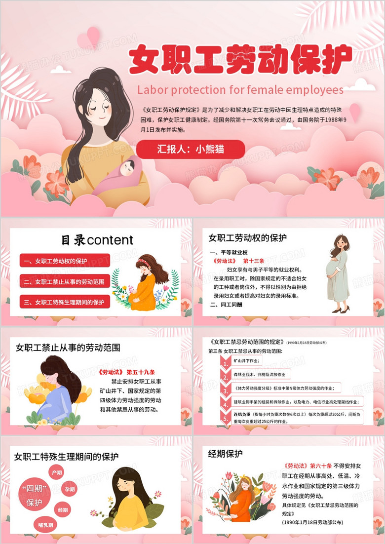 粉色卡通风女职工劳动保护PPT模板