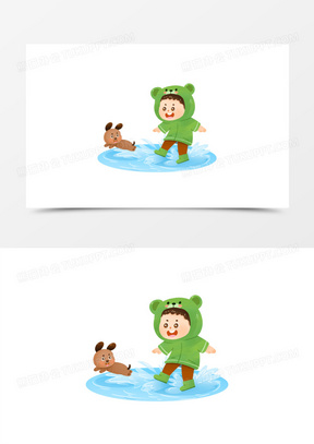 手绘卡通小孩鱼宠物踩水免抠元素