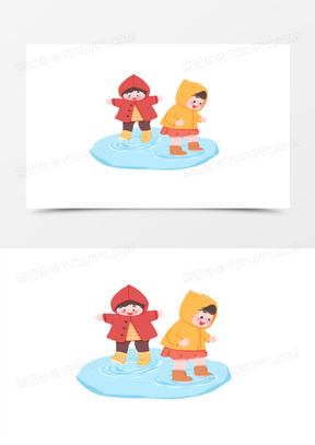 手绘卡通俩小孩子玩水踩水素材