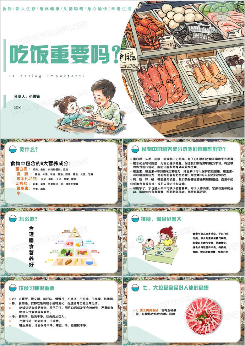 绿色卡通风吃饭重要吗PPT模板