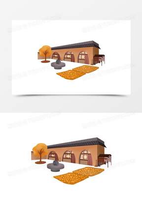 手绘陕北黄土窑洞农家小院素材