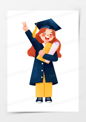卡通手绘免抠女生穿学士服开心比耶元素