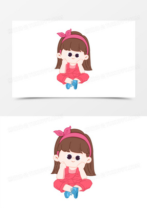 卡通手绘免抠可爱的女孩盘腿坐地上元素
