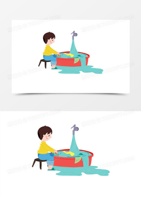 卡通手绘免抠小男孩开着水龙头洗衣服免抠元素