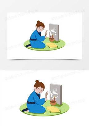 一组卡通古代人物祭祀祭奠套图之上香元素