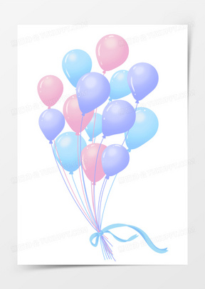 一束手绘插画风粉色紫色蓝色的气球