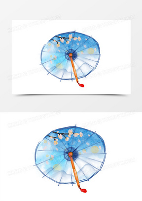 手绘水彩蓝色油纸伞免抠素材