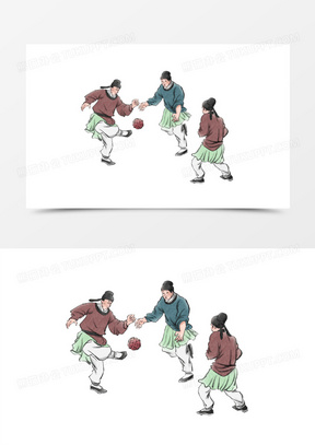 手绘水墨风古人踢蹴鞠免抠元素