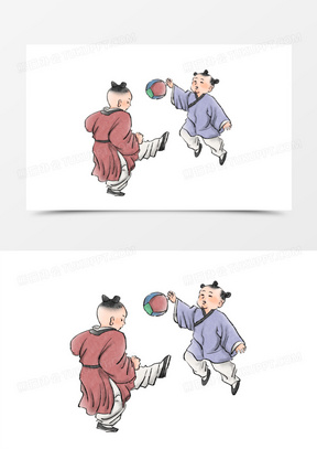 手绘水彩风两个古人儿童踢蹴鞠免抠素材