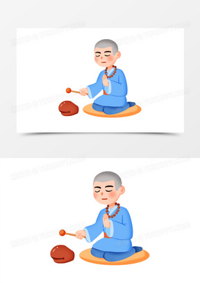 手绘卡通小和尚打坐敲木鱼免抠素材
