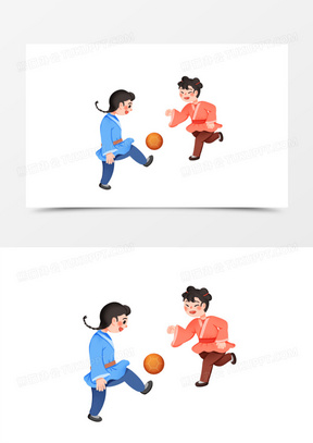 手绘卡通古代儿童踢蹴鞠免抠素材