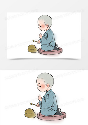 一组手绘水彩风出家人小和尚敲木鱼套图一免抠元素