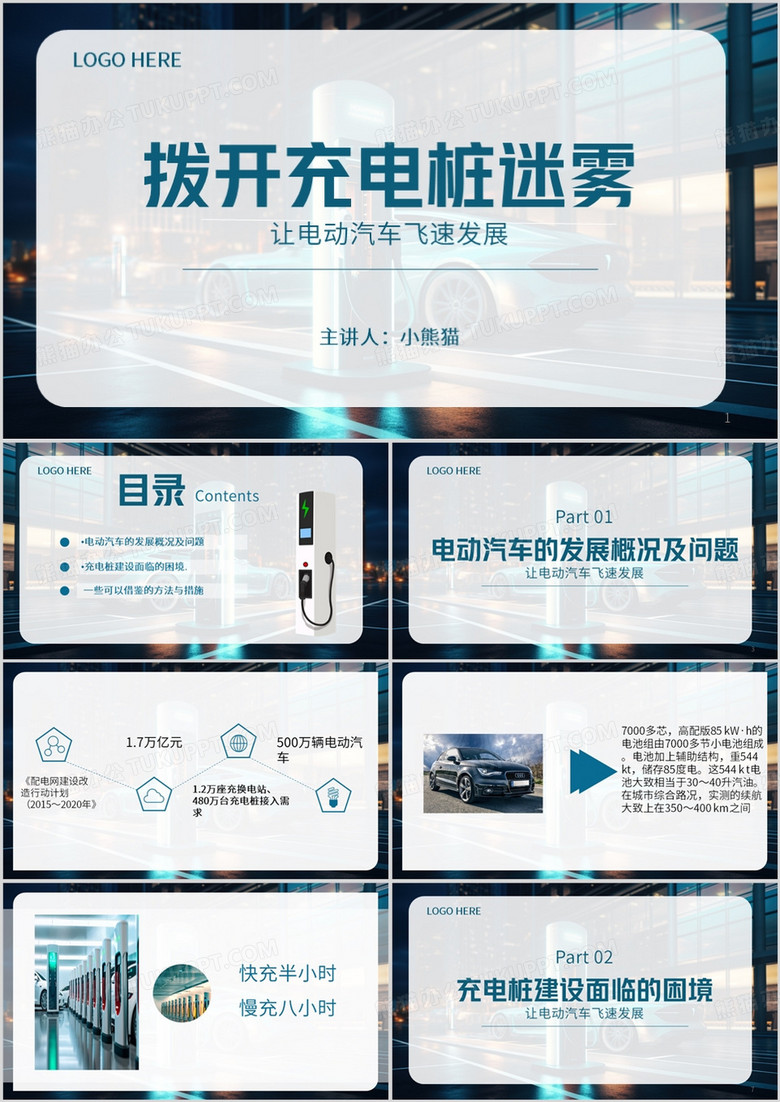 绿色简约风新能源汽车充电桩PPT模板