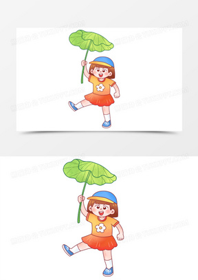 手绘风格夏装小女孩举着荷叶大步走路素材