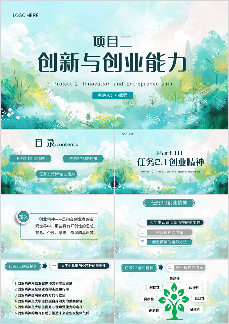 绿色简约风创新与创业能力PPT模板