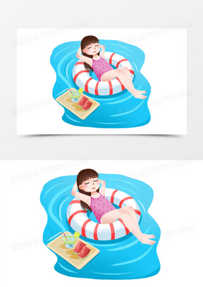 手绘插画夏天女孩在泳圈上休息元素