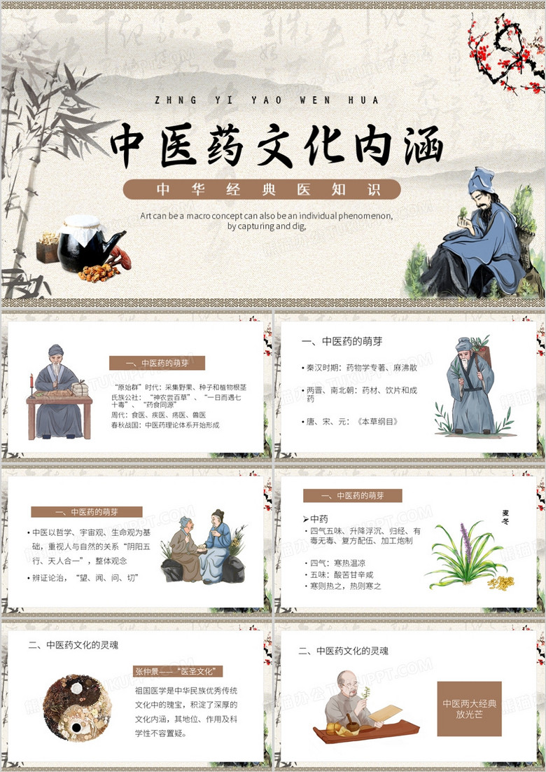 棕色中国风中医药文化内涵PPT模板