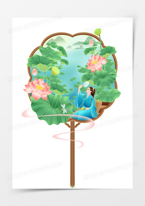 手绘国潮风古风美人团扇微景观元素