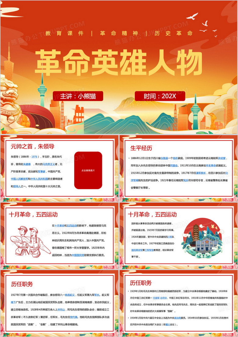 红色中国风革命英雄人物朱德介绍PPT模板