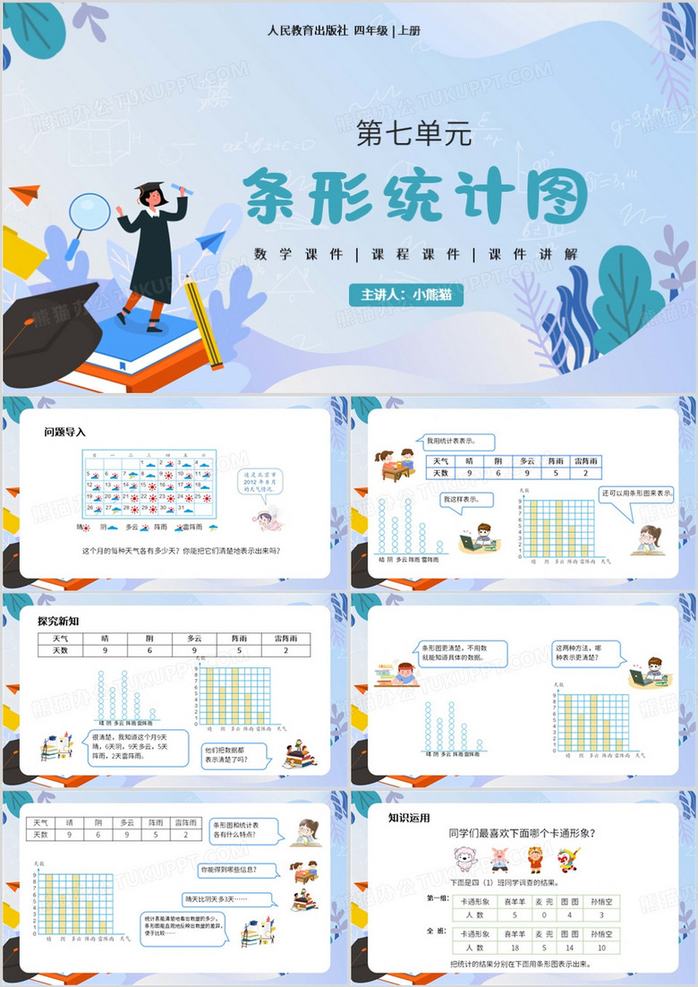 紫色简约风条形统计图教育课件PPT模板