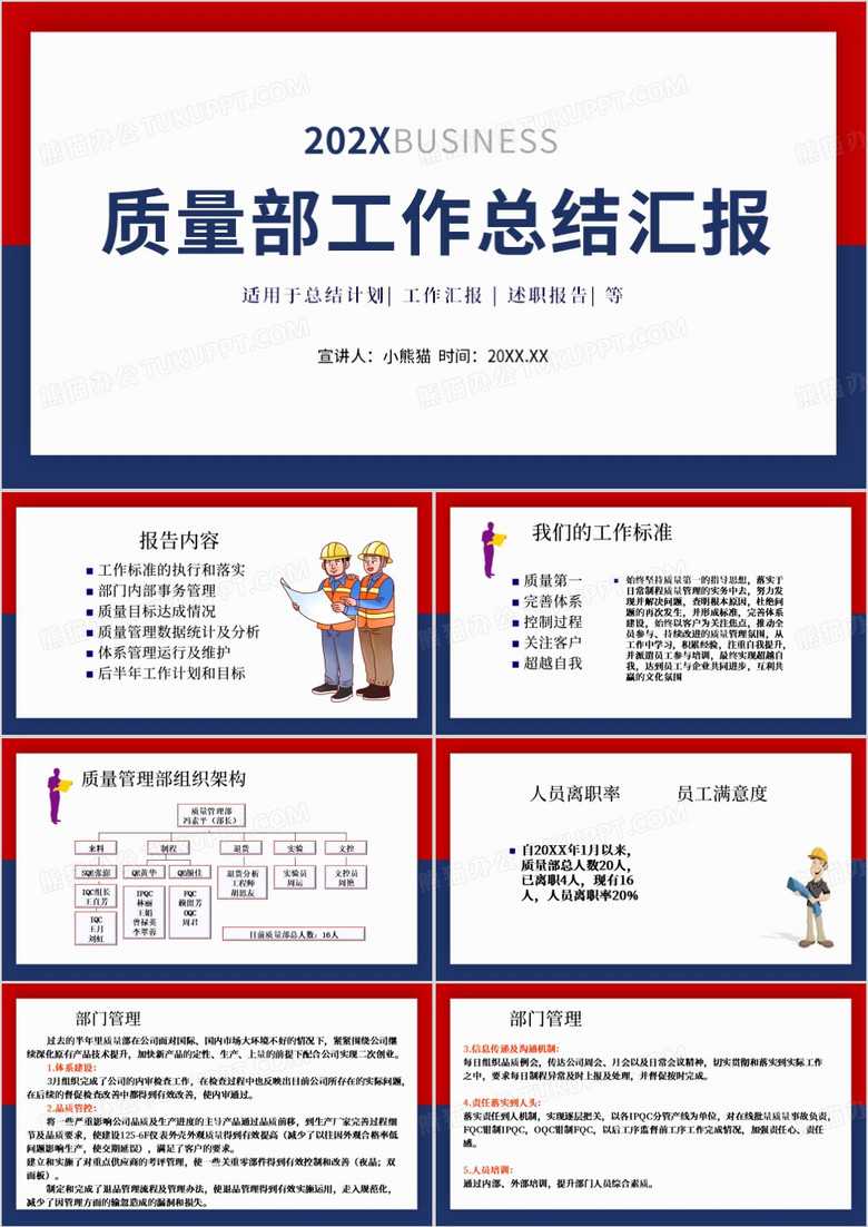 红蓝商务风质量部工作总结PPT模版