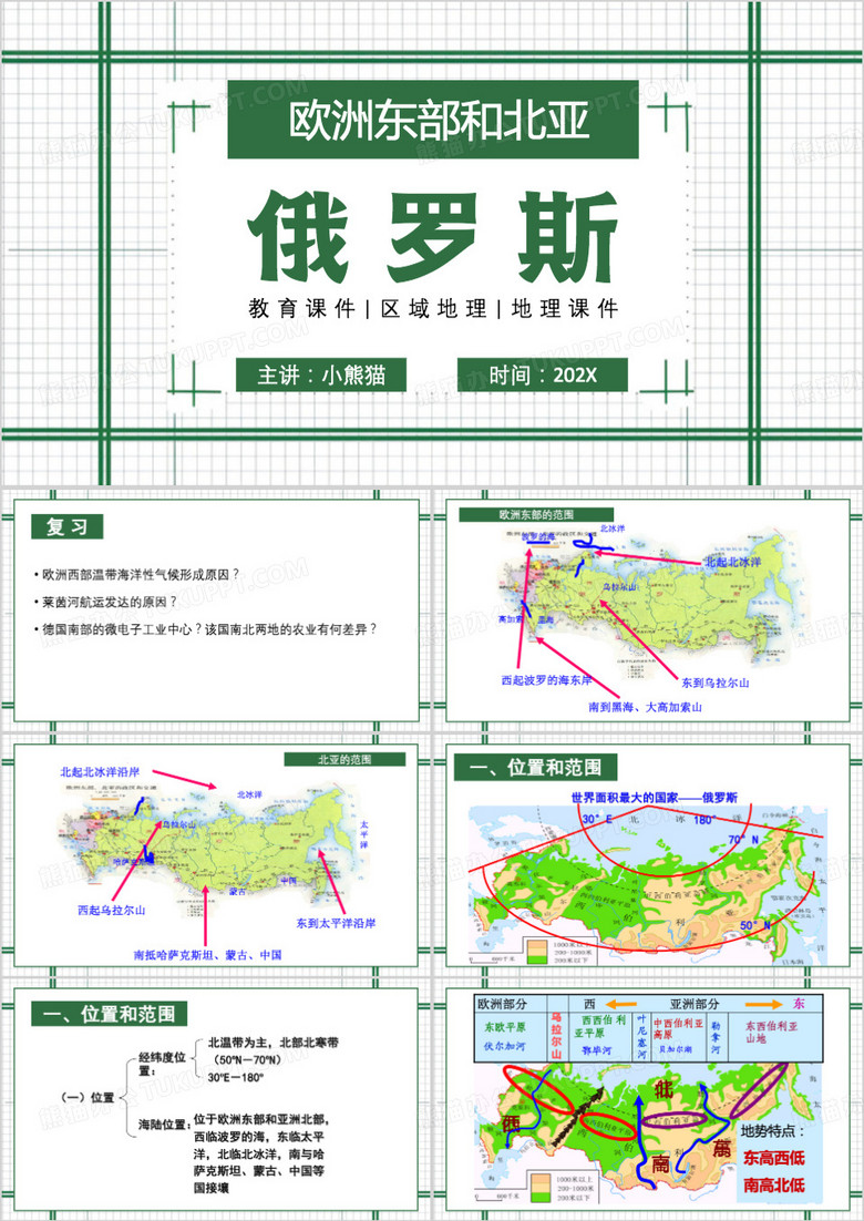 绿色简约风区域地理俄罗斯介绍PPT模板