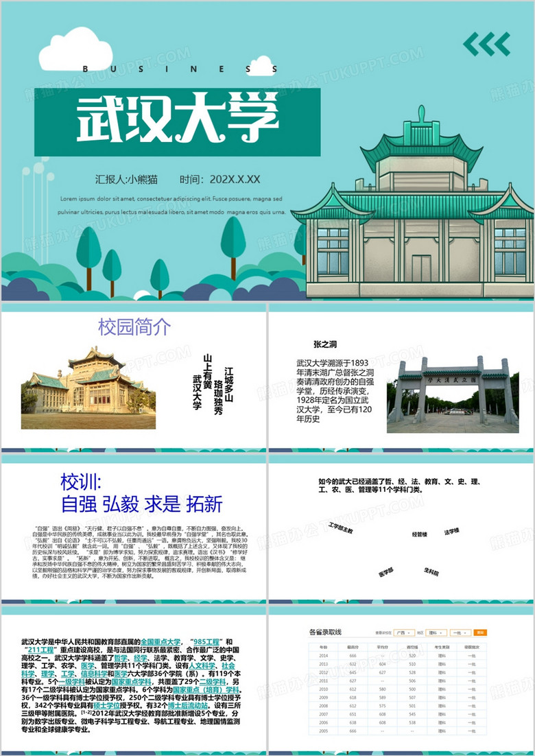 绿色简约风武汉大学介绍PPT模板