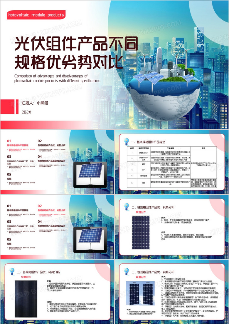 蓝色光伏组件产品不同规格优劣势对比PPT模板