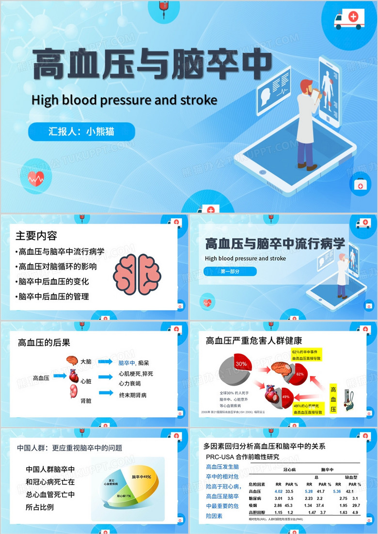蓝色卡通风高血压与脑卒中PPT模板