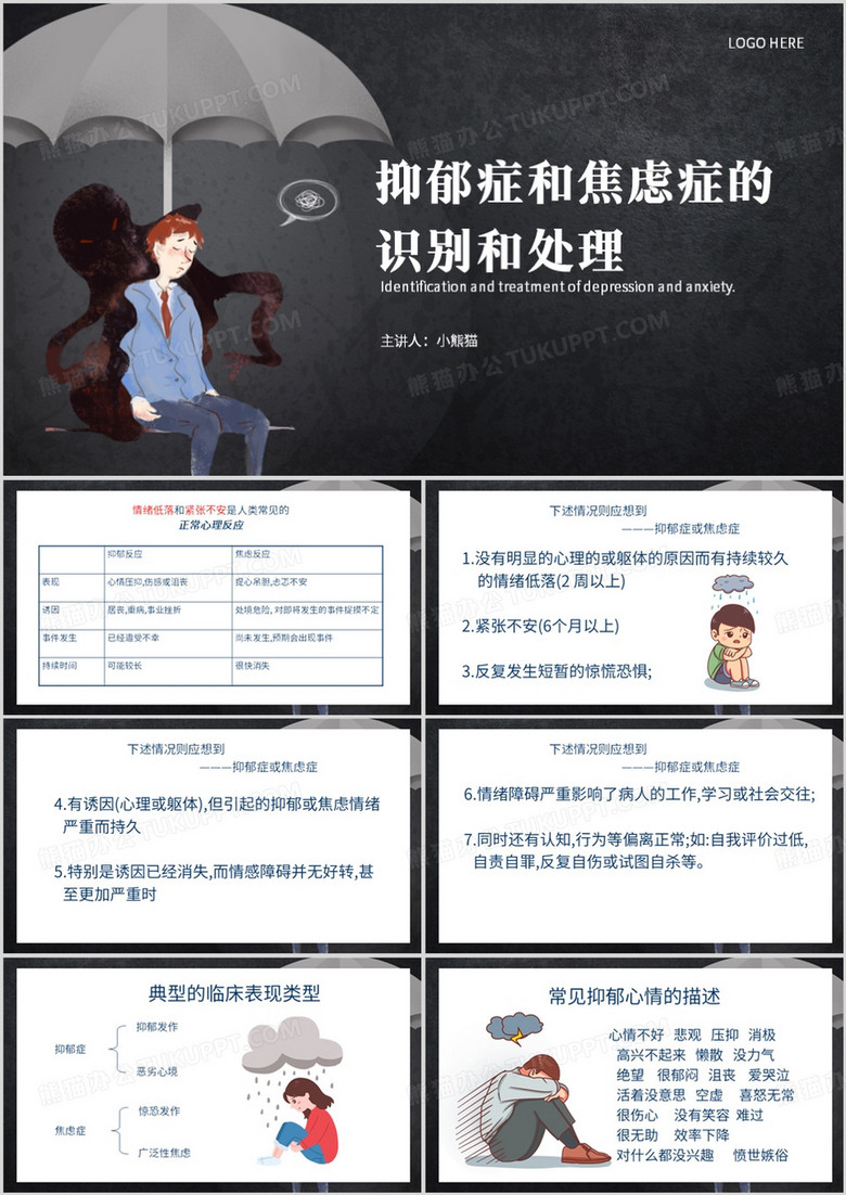灰色简约风抑郁症和焦虑症的识别PPT模板