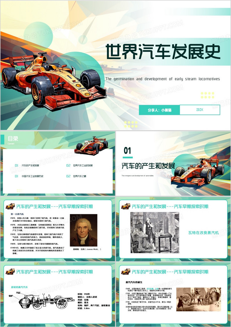 绿色简约风世界汽车发展史PPT模板