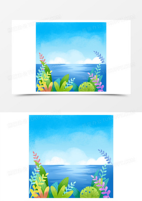 手绘卡通大海和蓝天风景景色元素