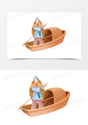 手绘插画风渔翁撑船元素