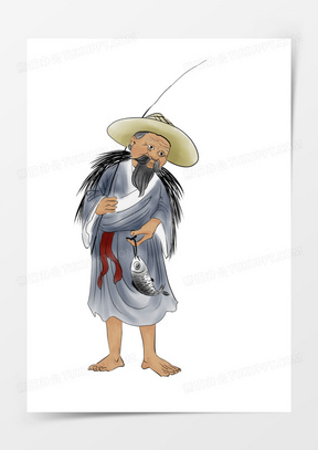 手绘渔翁水墨插画图
