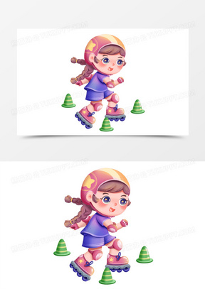 手绘卡通儿童插画小女孩滑直排轮运动元素