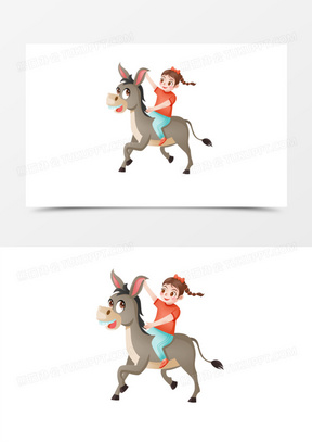 手绘插画风小孩骑驴插画元素