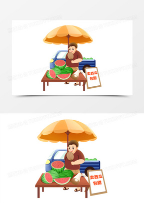 手绘夏日路边摊卖西瓜场景素材