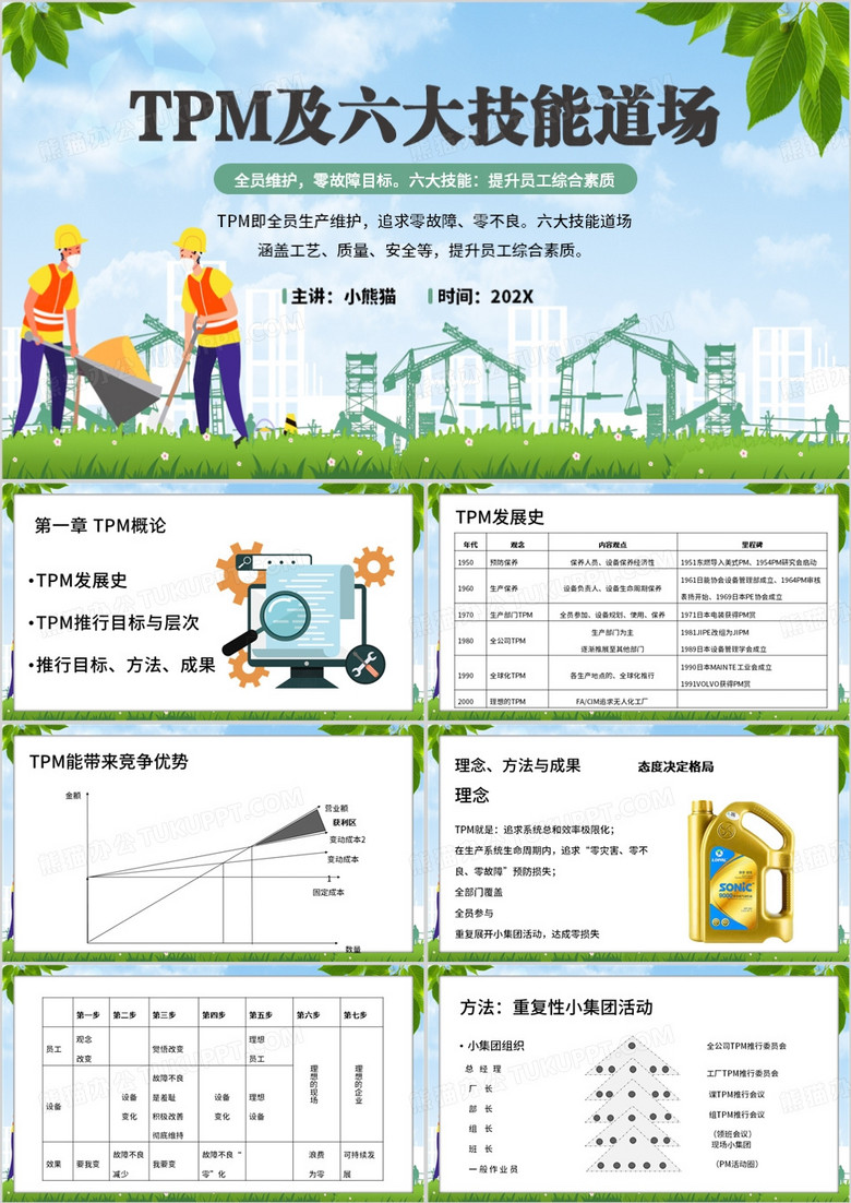 绿色简约风TPM及六大技能道场PPT模板