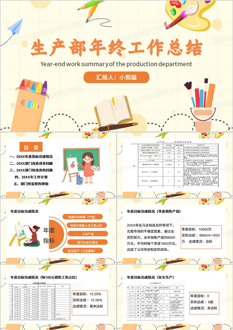 黄色卡通风生产部年终工作总结PPT模板