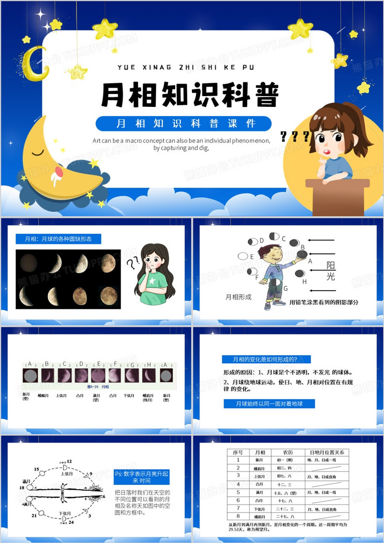蓝色卡通风月相知识科普PPT模板