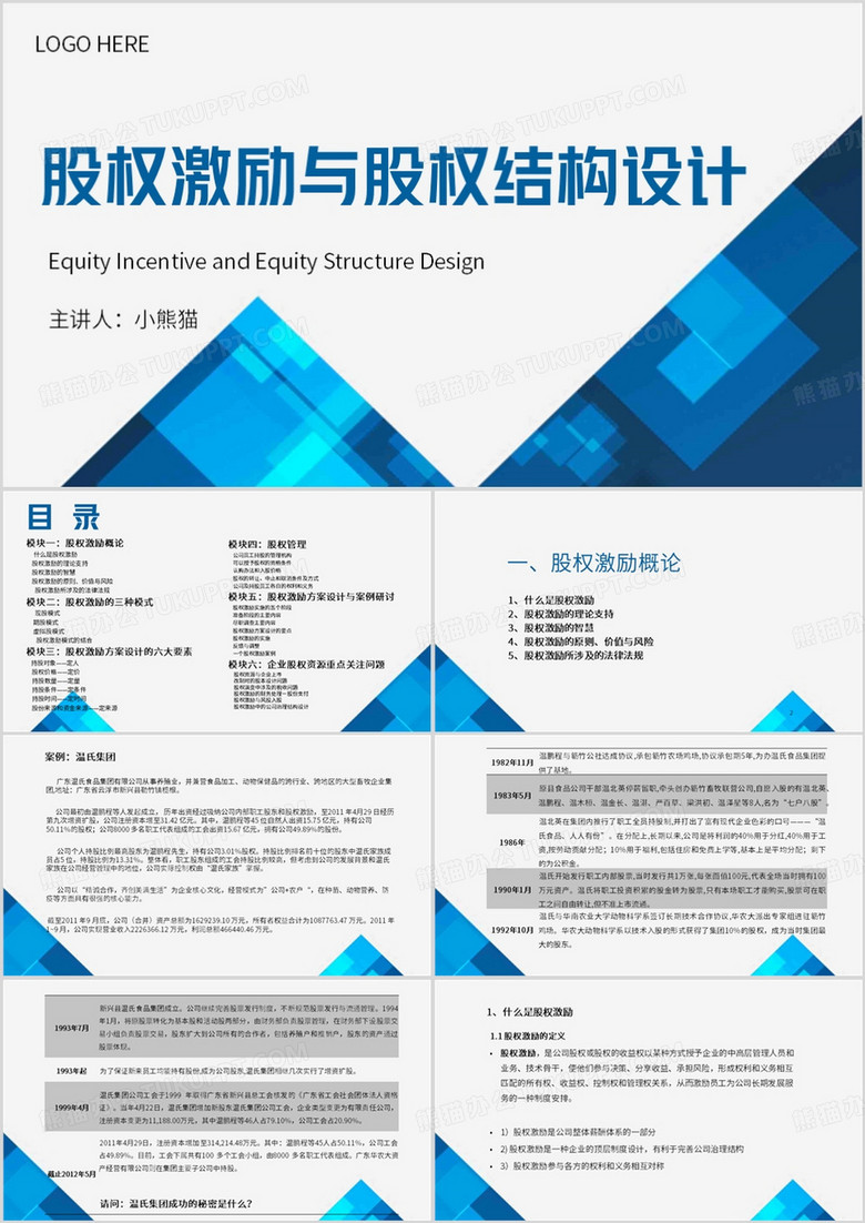 蓝色简约风股权激励与股权结构设计PPT模板