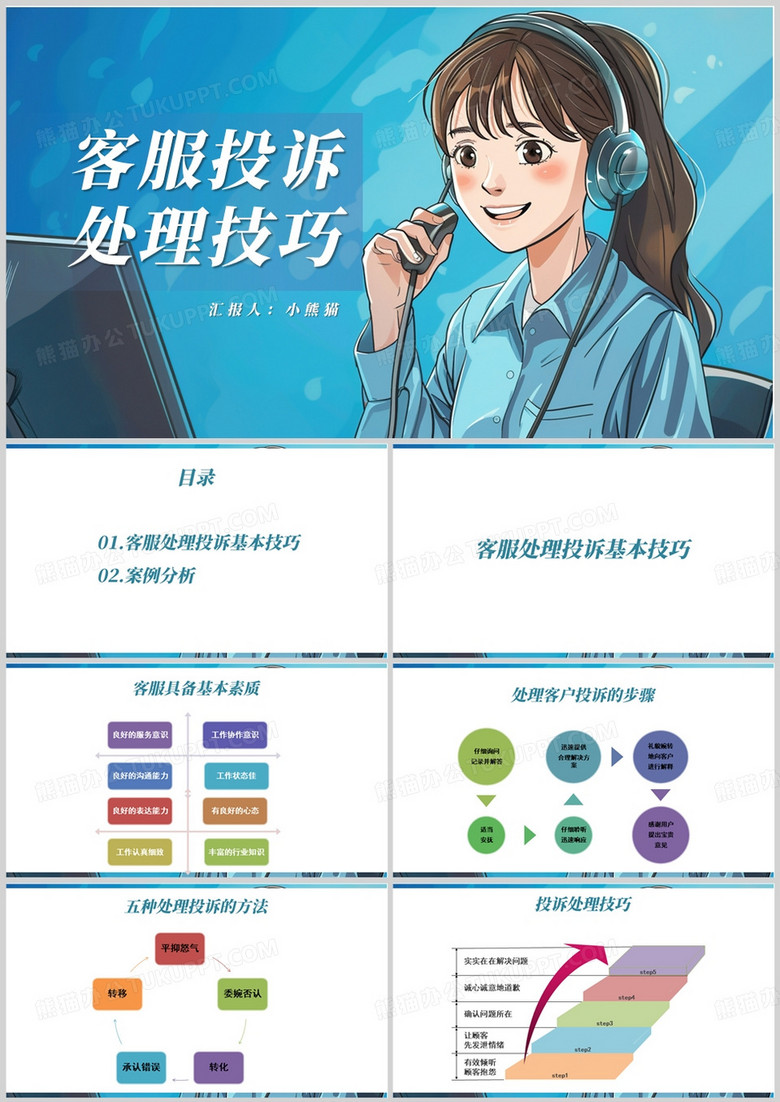 蓝色卡通风客服投诉处理技巧PPT模板
